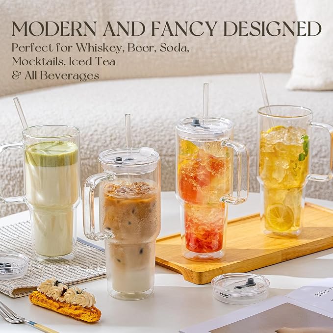 KEMORELA 2 Pack 28oz Double Wall Glass Tumblers with Handle, Lids & Straws – Large Insulated Clear Glass Coffee Cups for Iced Coffee, Matcha, Smoothies, Bubble Tea & Cold Drinks