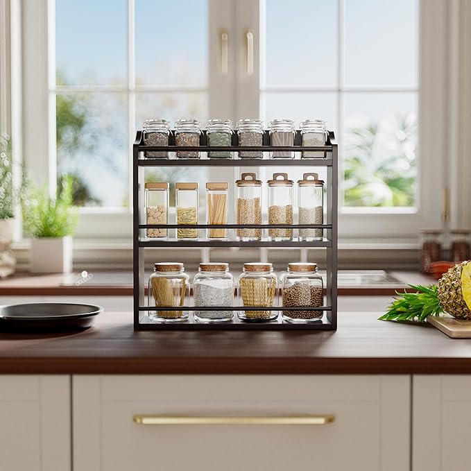 STELLSTAR 3 Tier Bamboo Wood Spice Rack, Seasoning Bottles Jars Organizer Shelf for Spices or Craft Supplies, Kitchen Counter or Wall Mounting (Brown)