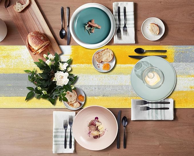 Emvency Yellow Abstract Table Runner, Modern Grey White Art Painting for Kitchen Coffee Table Family Dinners Holiday Parties Wedding Events Decor(13x72 inch)