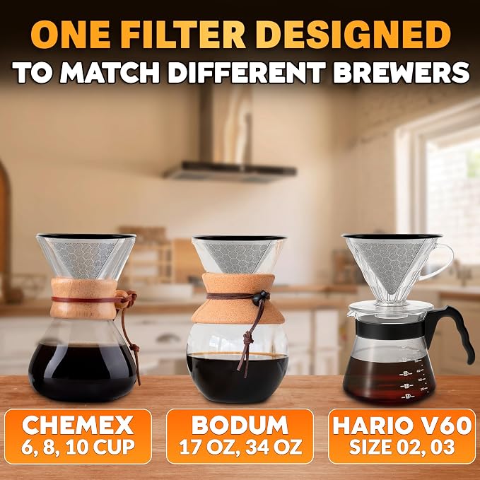 Pour Over Coffee Filter Reusable Stainless Steel - 600 Mesh Silver Cone with Black Ring for Bold, Full-Bodied Flavor, Compatible with Hario V60 & Chemex, Paperless Coffee Dripper with Cleaning Brush