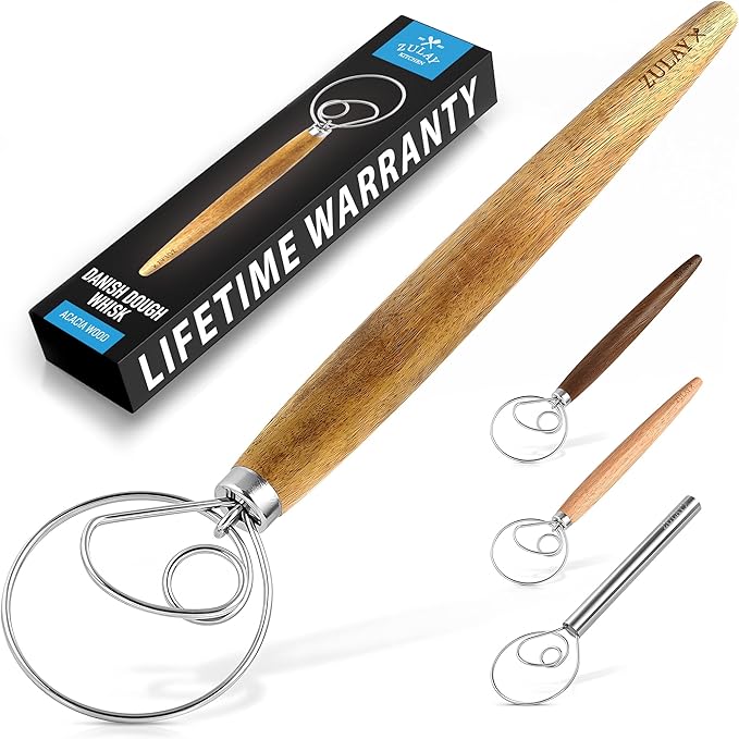 Zulay Kitchen 13-Inch Danish Dough Whisk - Stainless Steel Wooden Whisk with Dough Hook - Sourdough Whisk for Bread, Pizza, Pastry, Cake Batter & More - Acacia