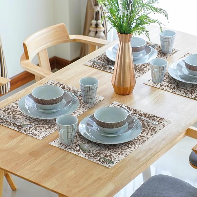 Gray Brown Boho Placemats Set of 6 Ethnic Bohemian Carpet Place Mats Washable Kitchen Dining Vintage Grey Geography Floral Linen Table Mats Stain Heat-Resistant for Home Party Indoor 12x18 in