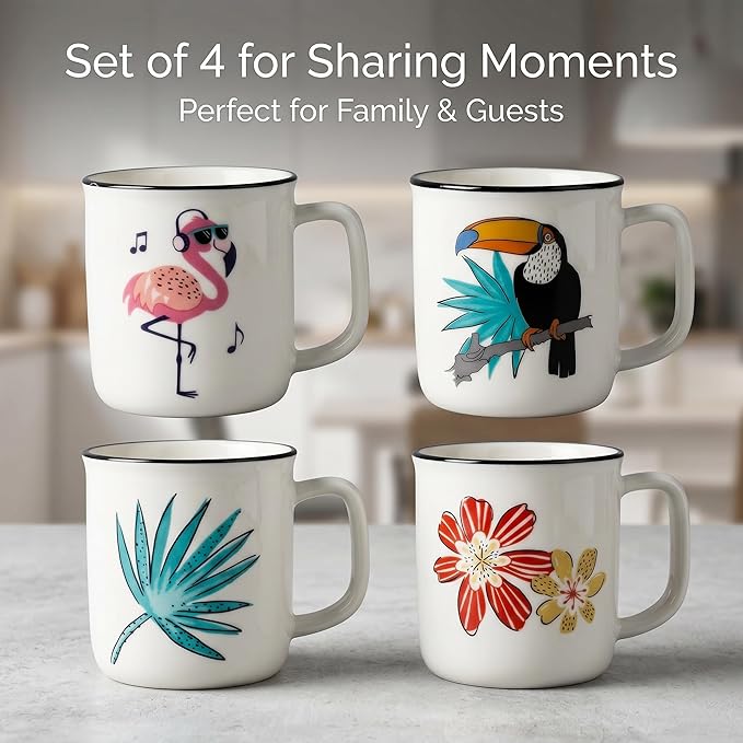 Topadorn 4 Pack 4oz Ceramic Espresso Cups Set, Small Coffee Mugs with Handle, Fun Tropical Print Demitasse Cups, Lead-Free Dishwasher Safe for Home & Office