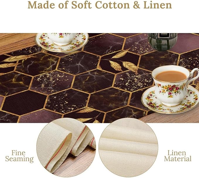 Marble Table Runner, Burgundy Red and Gold Abstract Geometry Hexagon Modern Luxury Texture Printed Linen Table Runners for Living Room Kitchen Dining Room Party Holiday Decor 13" W x 108" L