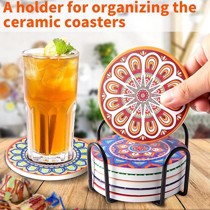 Drink Coasters with Holder Set of 8 Ceramic Boho Mandala Coasters for Drinks Absorbent Stone with Cork Base Colorful Decor for Coffee Beer Mugs Glasses Cups Housewarming Table Desk Protection