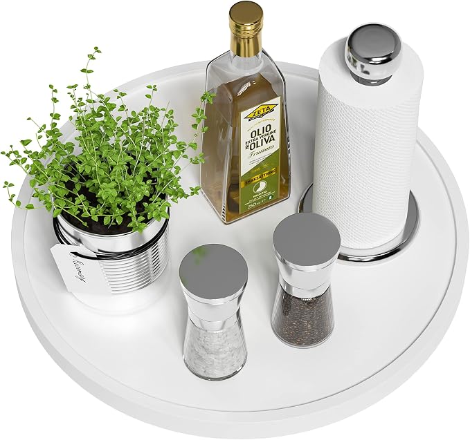 White Lazy Susan, 13.2 Inch Non-Skid Bamboo Turntable for Kitchen Table Cabinets and Closets, Wood Organizer for Kitchen Countertop