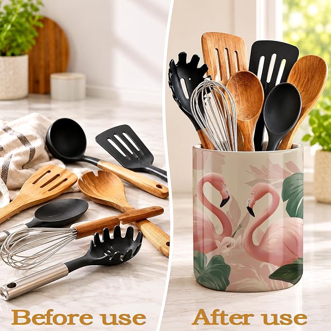Pink Flamingos Kitchen Utensil Holder,Palm Leaf Hibiscus Large Ceramic Utensil Crock Organizer for Spatulas,Spoons and Cooking Tools,Kitchen,Home Decoration 6.3"