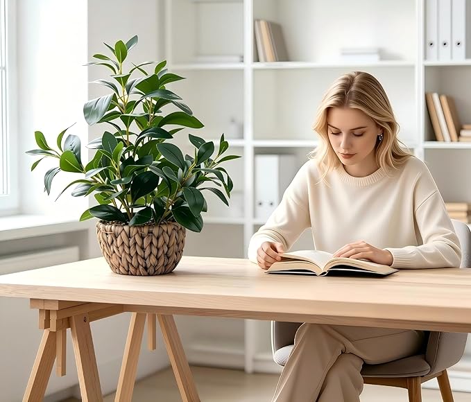AlphaAcc 18.8 Inch Artificial Ficus Plant Indoor Faux Greenery Potted in Rattan Woven Basket Planter with Decorative Pebbles Realistic Fake Plant for Home Living Room Office Table Desk Shelf Decor