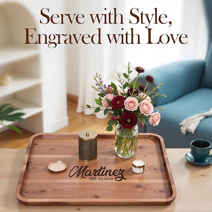 Personalized Acacia Wood Serving Tray with Engraved Name, Wooden Tray for Food, Coffee Table, Kitchen Counter Wedding Gift – Rustic Bed Tray for Eating, Parties, Display and Home Decor Use