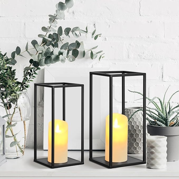 Eufrozy Lanterns Decorative Indoor Set of 2 Black Metal Lantern Candle Holder, Modern Farmhouse Lantern Decor for Christmas Living Room Fireplace Mantle Home Outdoor Patio Table Wedding Porch