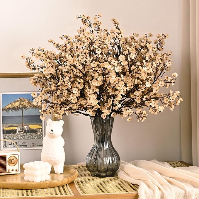 Waipfaru 15Pcs Fake Flowers Babys Breath Silk Artificial Beige Flowers Gypsophila Bouquets Bulk Real Touch Stems for Boho Home Living Room Decor DIY Floral Arrangement Table Centerpieces