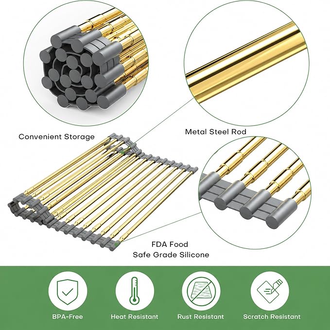 Expandable Large Draining Rack, Roll Up Heat-Resistant Dish Drainer for Stainless Steel Sinks, Collapsible Over The Sink Rack Non-Slip Silicone Rolling Up Rack Gold 18 Tube