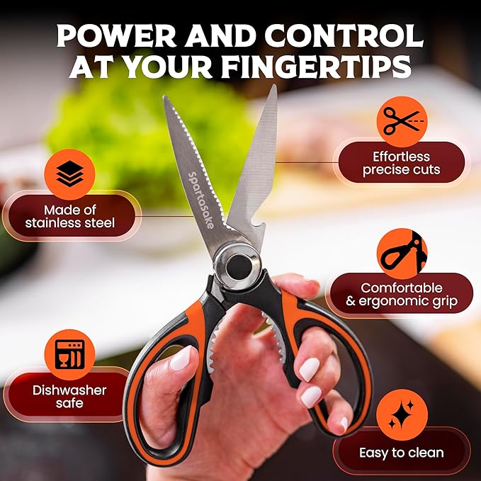 SpartaSake Premium Stainless Steel All Purpose Kitchen Shears with Sleeve - Heavy Duty Ultra Sharp kitchen Scissors for Food - Multipurpose Food Scissors for Meat Poultry Vegetable (Black-Orange)