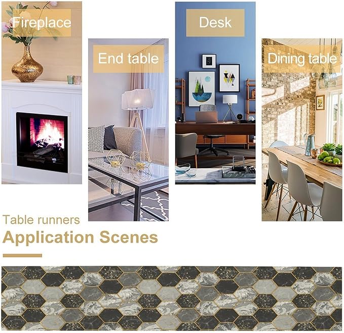 Marble Table Runner, Grey Black and Gold Abstract Geometry Hexagon Modern Luxury Texture Printed Linen Table Runners for Home Farmhouse Kitchen Dining Room Party Holiday Decor 13" W x 120" L