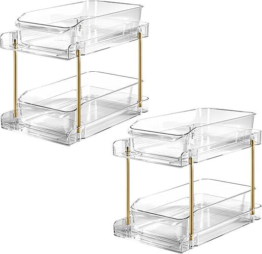 LAREKUN2pack 2-Tier Organizer & Storage Unit Stackable Bathroom Cabinet Organizer Pull-Out Kitchen Pantry Organizer & Storage System Suitable for Countertops, Pantries, Kitchens, Bathrooms
