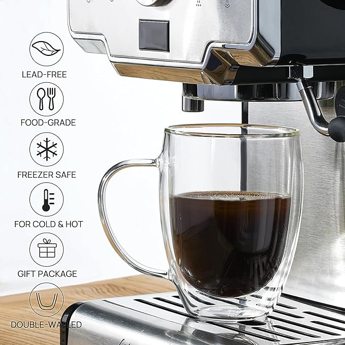 Double Wall Glass Coffee Mugs, Glass Coffee Mugs with Handle, Insulated Clear Coffee Mugs Set of 4, Perfect for Espresso, Cappuccino, Latte, Americano, Tea Bag, Beverage -12 Ounces