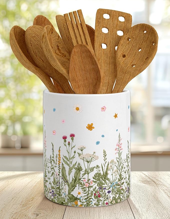 Whaline Wildflower Ceramic Utensil Holder Vintage Wild Floral Utensil Crock for Home Kitchen Countertop Storage Organizer Container