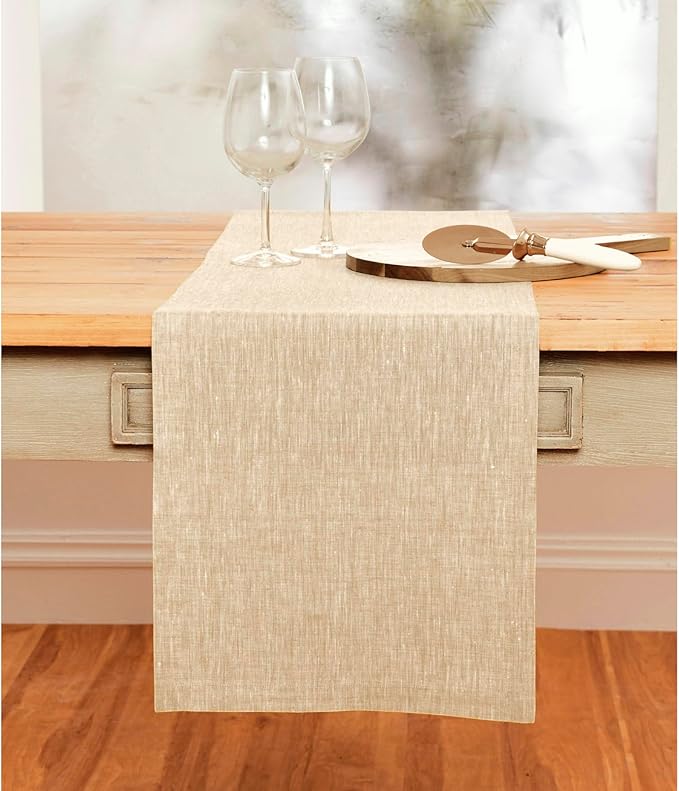 Solino Home Linen Table Runner 90 Inches Long - Athena, 100% Pure Linen Champagne Beige 14 x 90 Inch Table Runner for Dining, Spring, Summer