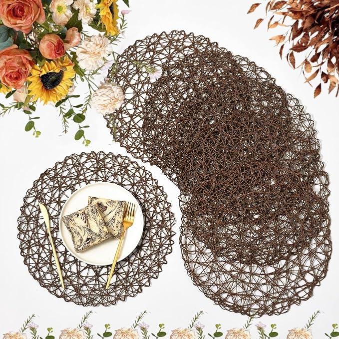 IcosaMro Brown Round Placemats Set of 6 for Dining Table, 15 Inch Paper Woven Boho Decorative Tan Circle Place Mat for Wedding Christmas Thanksgiving Day Holiday Dinner, Tan Brown