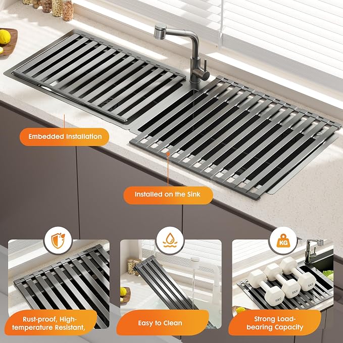 Foldable Over Sink Dish Drying Rack, Extra Wide & Thick Rust-Proof Aluminum Sink Cover for Counter Space, Collapsible Dish Drying Rack Fits Most Kitchen Sinks (Gray, 13.8“x13.6)