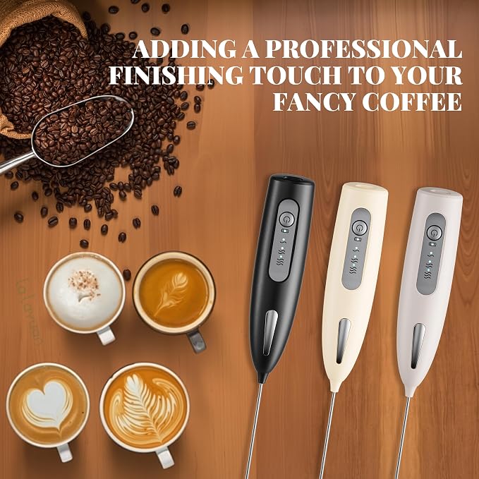 Electric Milk Frother, Three speed adjustment, USB Rechargeable Cordless Hand Blender with Sticky Stand Included, 304 stainless steel Egg Beater, Mixed Drinks, Coffee Stirrers (Beige)