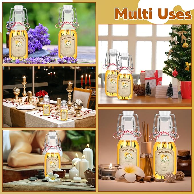 20 Pack Swing Top Glass Vanilla Extract Bottles 4 oz with Lids, Vanilla Extract Labels and Funnel, Glass Boston Vanilla Bottles for Syrup Gift, Flip Top Glass Bottles Jars for Vanilla Extract