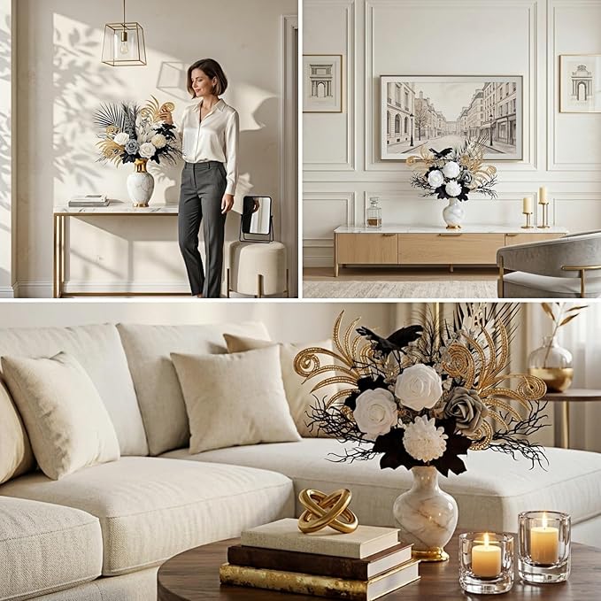17" Modern Metallic Black and Gold Artificial Flowers, 14 Pcs Silk Rose Bouquet, Luxury Gothic Home Decor for Table Centerpiece, Faux Floral Arrangement for Hotel & Office (Vase Not Included)