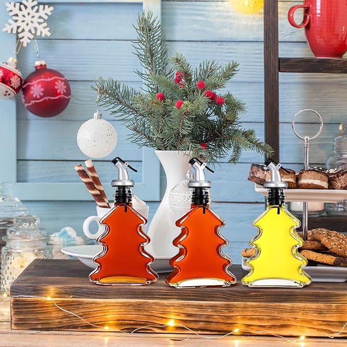 Vesici 3 Pack Christmas Glass Syrup Dispenser 6.8oz Clear Olive Oil Bottles Set with Pourers Funnel and Brush Christmas Tree Syrup Bottles Set Xmas Coffee Bar Decoration Bathroom Kitchen Gifts