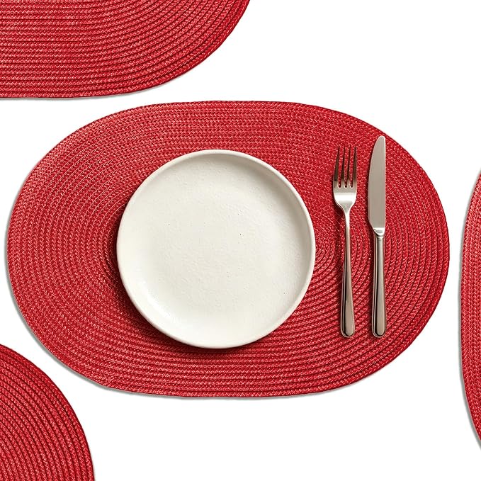 AHHFSMEI Placemats Set of 6 for Dining Table Washable Woven Non-Slip 18x12 inches Placemat Heat-Resistant Durable Table Mats for Dining Table Easy to Clean (Oval red, 6)