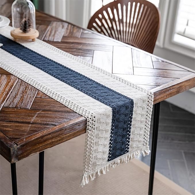 Macrame Table Runner Cream Beige and Blue Boho Table Runners with Tassels Hand Woven Cotton Table Runner Rustic Farmhouse Table Runners for Bohemian Kitchen Dining Table(12x60in)