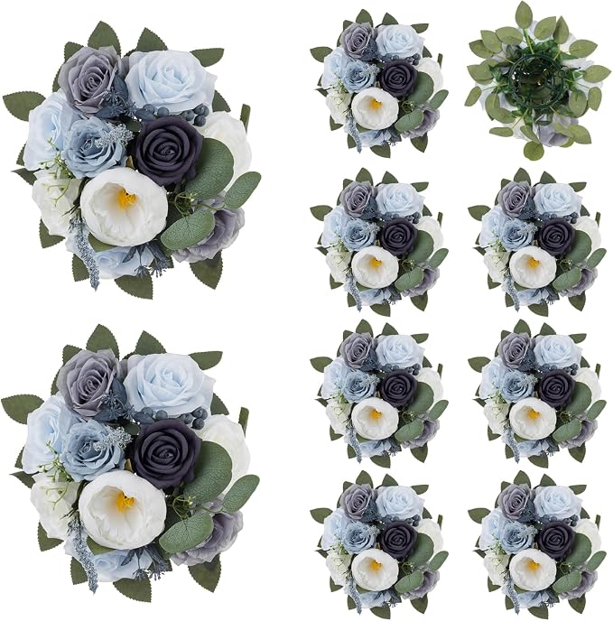 BLOSMON Artificial Flowers Ball Wedding Centerpieces 10 Pcs Dusty Blue Rose Artificial Flower Center Pieces Decoration for Table Silk Kissing Ball Floral Bouquet Arrangements Home Party DIY Decor