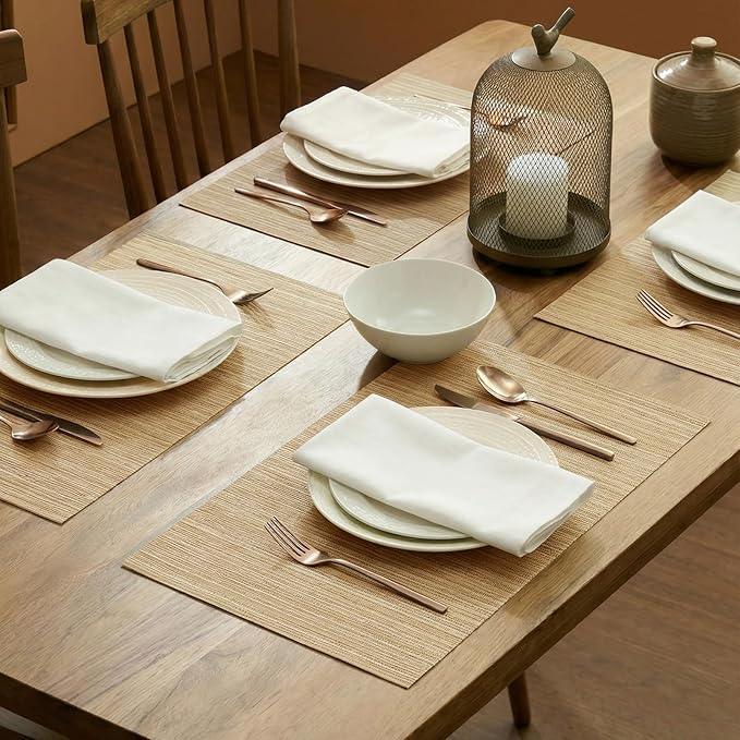 AHHFSMEI Placemats Set of 6 Woven Vinyl Non-Slip Heat Resistant Stain Resistant Easy Clean Place mats for Dining Table(Light Brown)