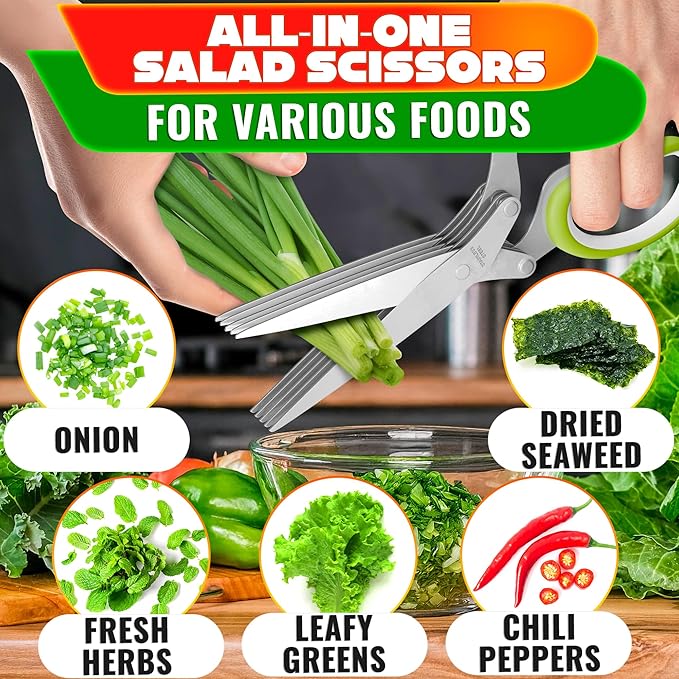 Herb Scissors with 5 Blades and Cover – Stainless Steel Herb Cutter with Ergonomic Handle and Cleaning Brush, Dishwasher Safe Design – 5x Faster Cutting of Cilantro, Parsley, Green Onion & Fresh Herbs
