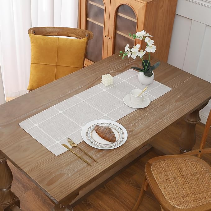 Gernaice 2PCS Boho Table Runner, Modern Plaid Cotton Linen Farmhouse Table Runners for Dresser End Coffee Table Home Decor, 24" L X 13" W Brown