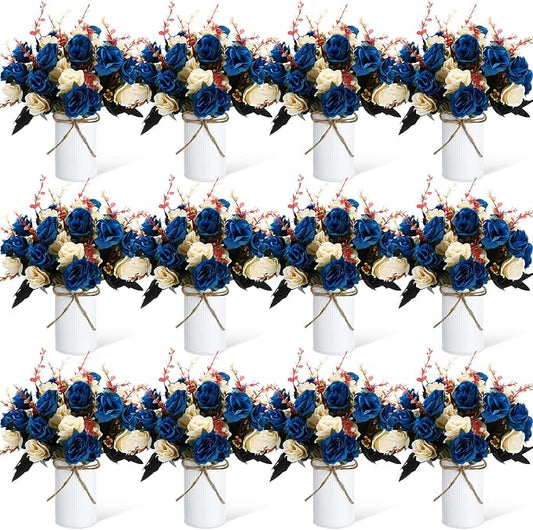 Domensi 12 Sets Wedding Centerpiece for Table Artificial Rose with Vase Fake Bouquets and Metal Pot Flower Arrangements for Bridal Shower Birthday Party Event Table Decor (Dark Blue)