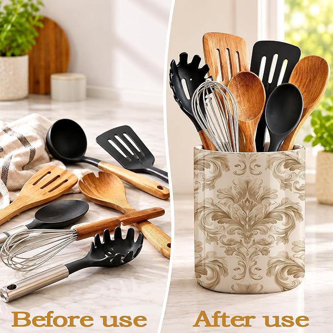 Ceramic Kitchen Utensil Holder for Countertop,Gold Damask Flower Vintage Large Utensil Crock for Kitchen Counter,Cooking Utensil Organizer for Spatulas,Spoons