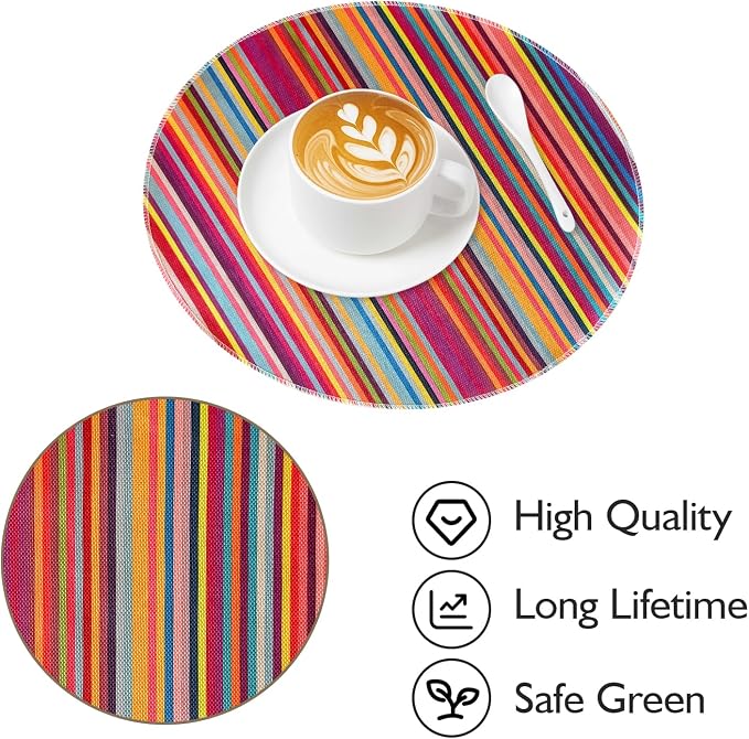 Niviy Bright Colorful Striped Round Placemats Set of 6, 12x18 Inch Mexican Rainbow Colored Geometric Pattern Table Mats for Holiday Party Kitchen Dining Room Decoration