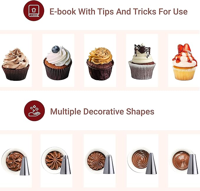 KITCHTIC Piping Bag Set - Large Reusable Cotton, Round Shape, 6 Pieces, Includes Nozzles, Adapter, Cleaning Brush & E-Book with Cake Decoration Tips
