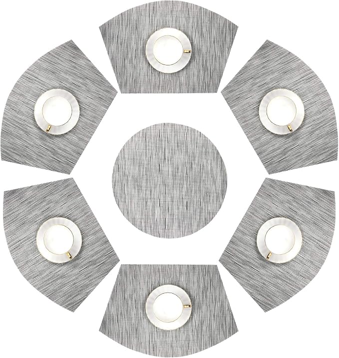 SHACOS Small Round Table Placemats Wedge Placemats with Centerpiece Round Placemat PVC Woven Table Mats Washable (7,Silver Grey)