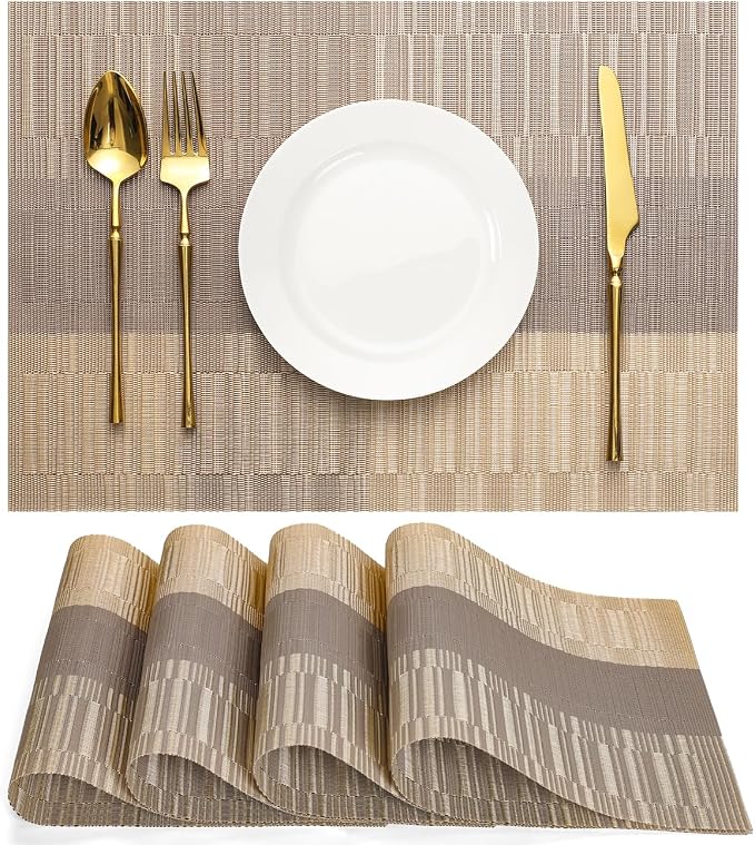 Placemats Set of 4, Vinyl Woven Place Mats Indoor Set of 4 Washable Wipeable PVC Table Mats Heat-Resistant Non Slip Plastic Placemat for Kitchen Dining Outdoor Table (Gray Gold, Set of 4)
