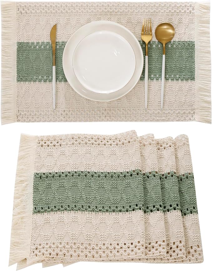 Green Placemats Set of 4 Macrame Table Decor with Fringe Boho Farmhouse Woven Table Placemats in Natural Burlap for Kitchen and Dining Table Centerpiece Home Decorations