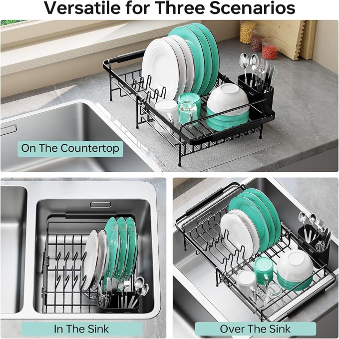 Urackify Dish Drying Rack in Sink - Stainless Steel Expandable (14.5''-18''L) Over The Sink Dish Rack with Utensil Holder, Space-Saving Dish Drainer for Kitchen Counter, 1 Piece, Matte Black