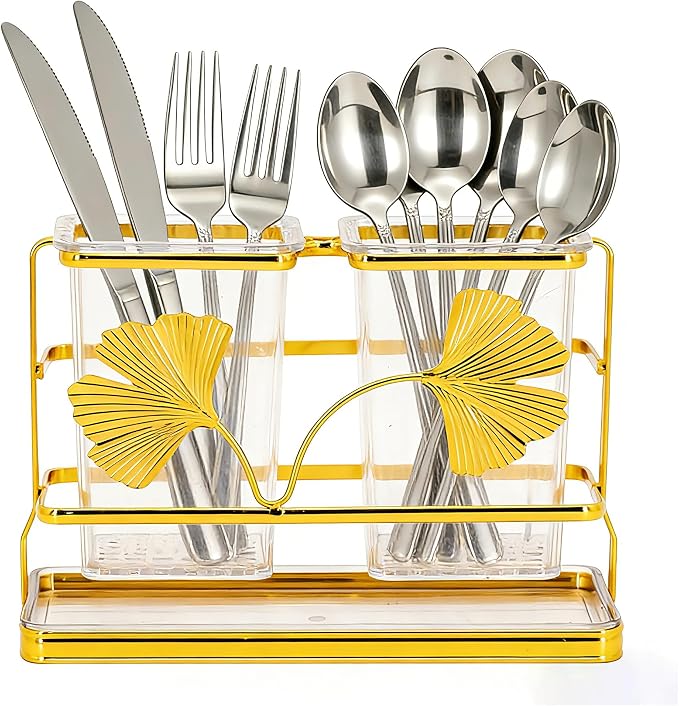 Transparent Double Barrel Square Cup Utensil Holder for Kitchen Counter, Large Capacity Silverware Caddy with Drainage System, Rust Resistant Freestanding Utensil Crock(Double barrel square cup)
