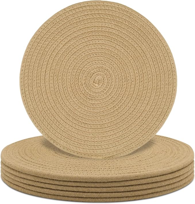 Round Placemats Set of 6, Cotton Rope Woven Table Mats, Hot Pads for Kitchen, Non Slip Heat Resistant Place Mats, 13 Inches Braided Placemat for Farmhouse Decor and Kitchen Table Decor (Khaki)