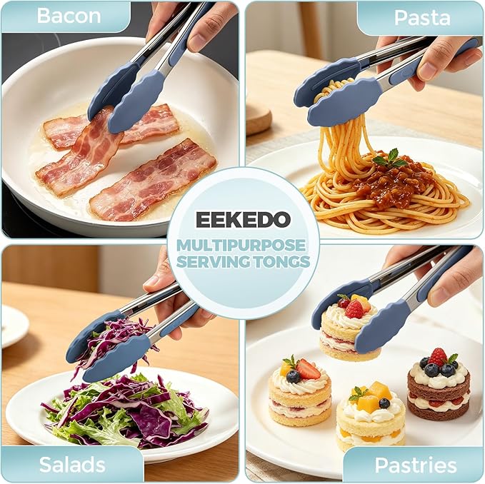 Small Cooking Tongs 7 inch Mini Serving Tongs with Silicone Tips, Set of 3 (Dark Blue + Dark Green + Cream)