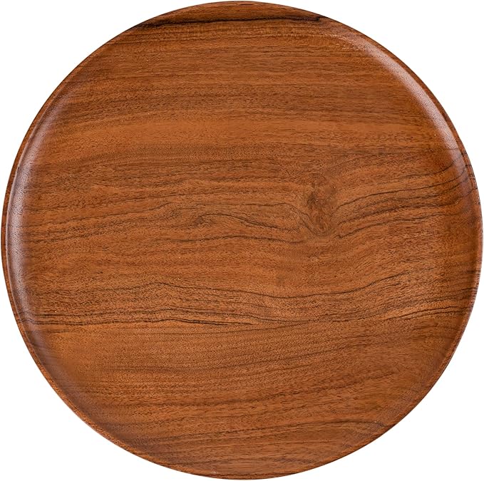 Round Acacia Wood Plate, Serving Tray, Decorative Platter, Dinner Plate,Table Top, Fruit, Food Display Natural Finish Brown.