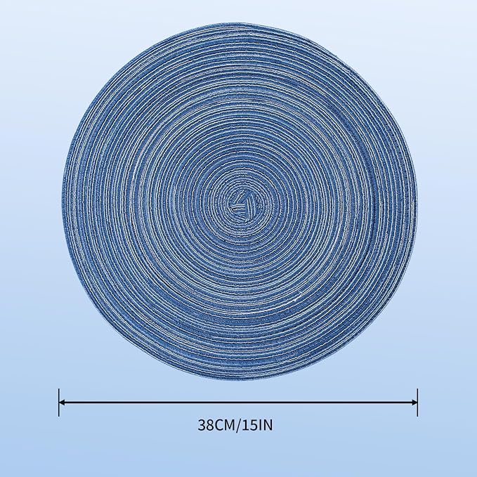 15'' Round Woven Placemats Set of 6, Natural Heat Resistant Washable Non-Slip Woven Table Mats -Blue