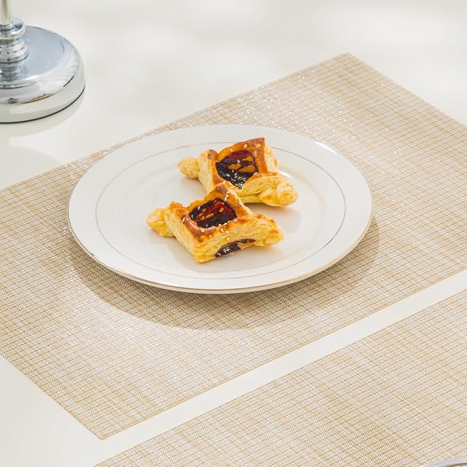 BACKTOEDEN Placemats Set of 12 Heat Resistant Washable Wipeable Placemat Woven Non-Slip Foldable Vinyl/Plastic Place Mats Indoor/Outdoor Mat Kitchen Dining Table Pad, Beige Silver Line