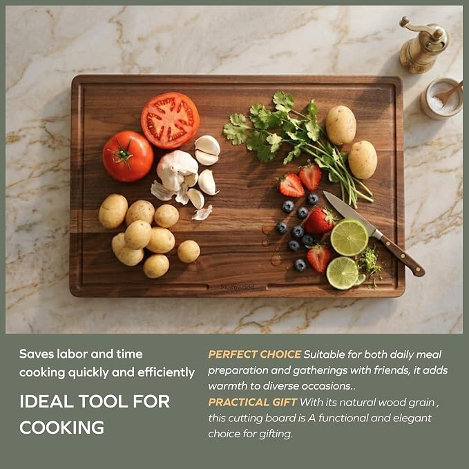muso wood Walnut Wood Cutting Board 18"x12" - 1" Thick, Wooden Kitchen Chopping Board with U-Shaped Juice Groove & Handle, Heavy Duty Cutting Board for Vegetables, Meat, Fruits