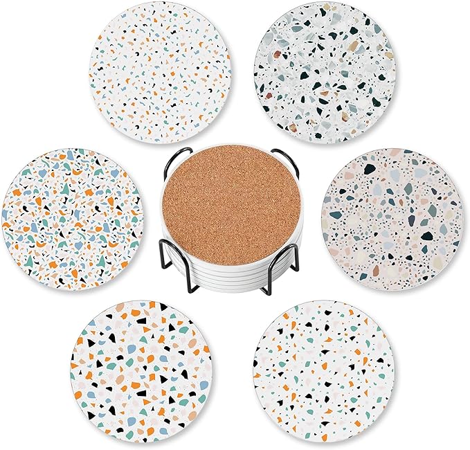 Terrazzo 6 Pcs Drink Coasters with Holder, Modern Granite Absorbent Round Ceramic Coaster for Tabletop Protection, for Coffee Cup Beverage Coasters Wine Beer Bar